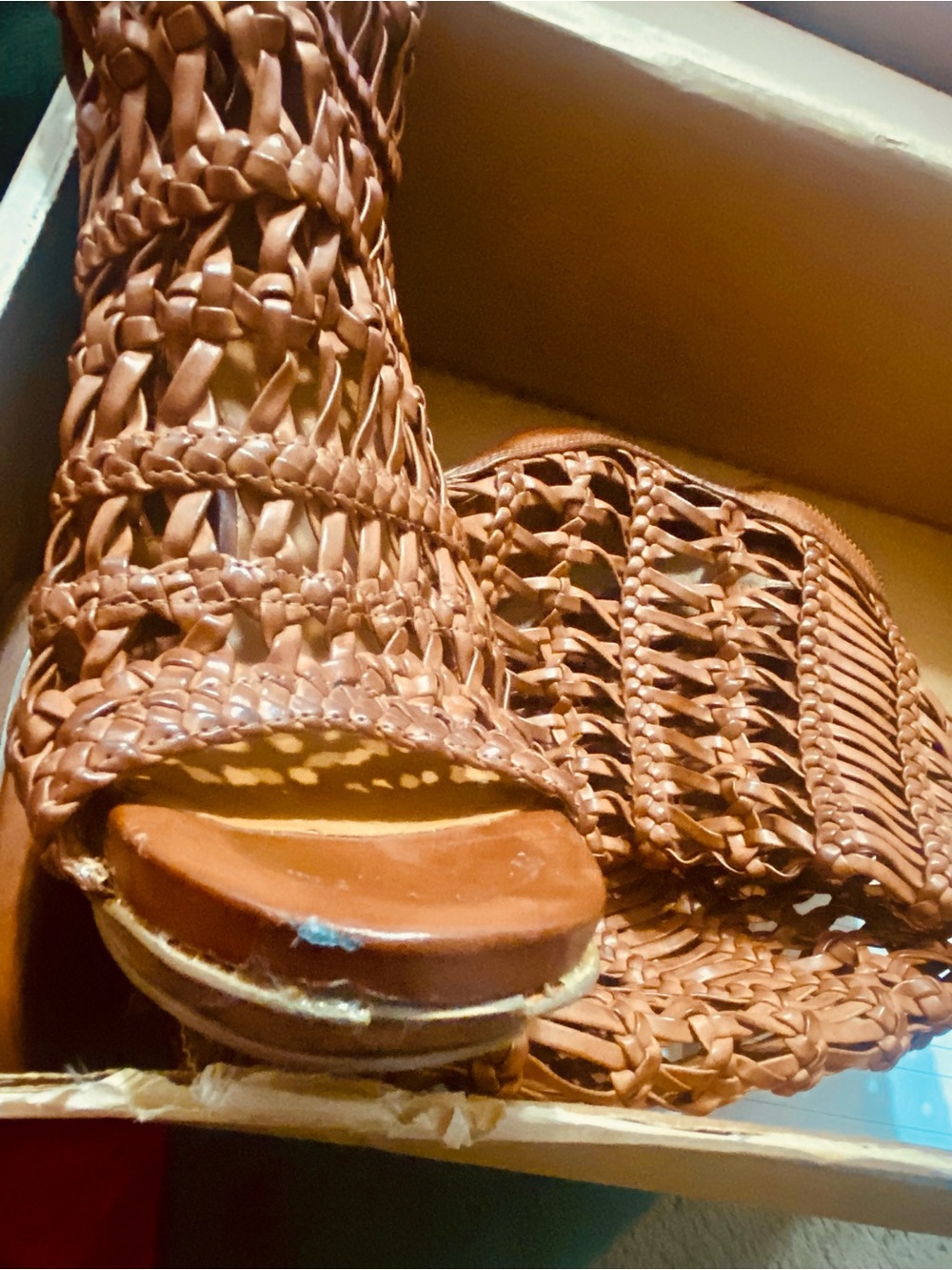 Nine West MACRAME Brown Woven Peep-Toe Knee-High Stiletto Boots - Picture 6 of 6